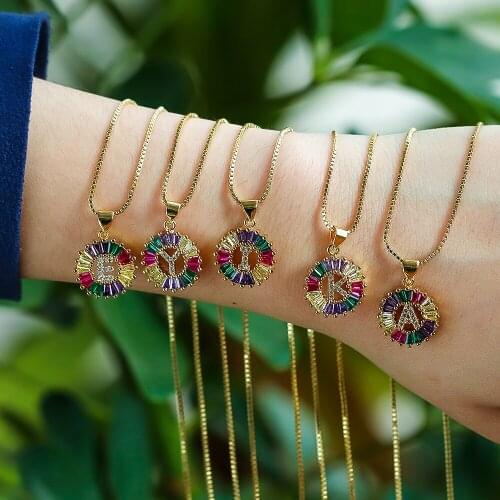 EYIKA Gold color initial Alphabet pendant necklace rainbow cubic zirconia women CZ jewelry Letter Pendant elegant Female Jewelry