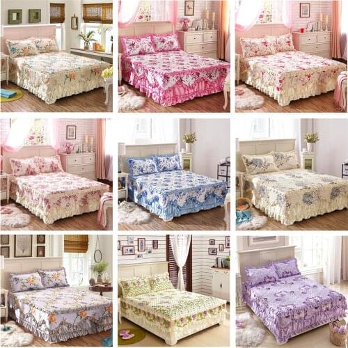 Flower Fit Bed Skirt Warm Thickening Sanding Quilted Bedskirt Bedding Set Cotton Bed Linen Floral Bed Cover Pillowcase 1/2/3 pcs