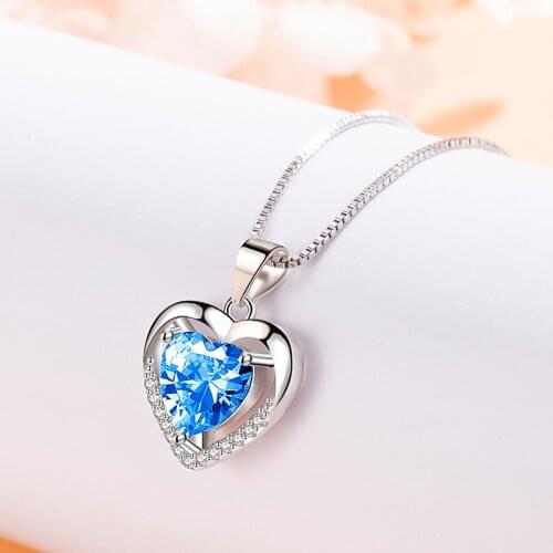 Elegant Blue Love Heart Pendants Necklaces Jewelry Clear Micro Cubic Zirconia Temperament Wedding Necklace