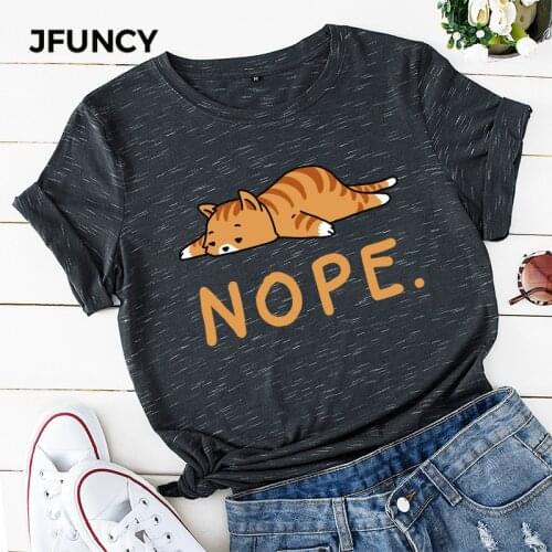 JFUNCY Cute Lazy Cat Spring Summer Cartoon Print T Shirt Women Shirts 100% Cotton Tshirt Fashion Graphic Female Tee Tops Clothes