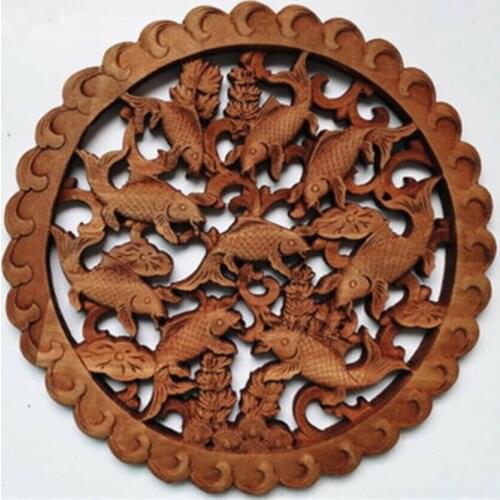 Art China Hand-carved 9 Fish Statue Camphor Board Wall Sculpture Animal Statue