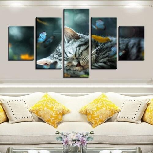 Canvas Paintings Home Decor Framework 5 Pieces Sleeping Cat Nap Pictures HD Prints Animals Posters Modular Living Room Wall Art