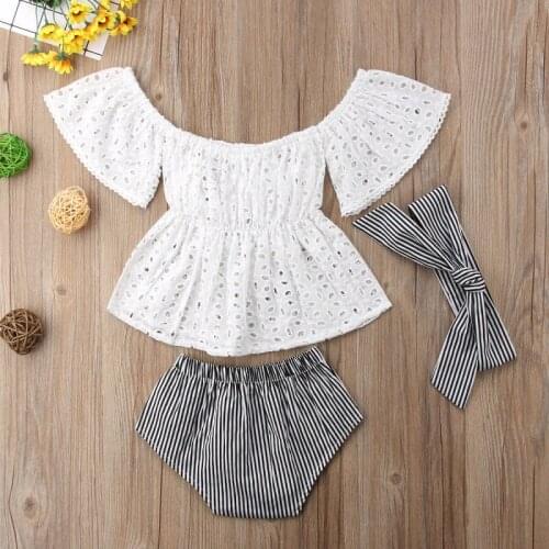 Summer Baby Girl Clothes 3pcs set Lace Hollow Out Short sleeve Top+Stripe Shorts +headband 3Pcs Outfits set clothes