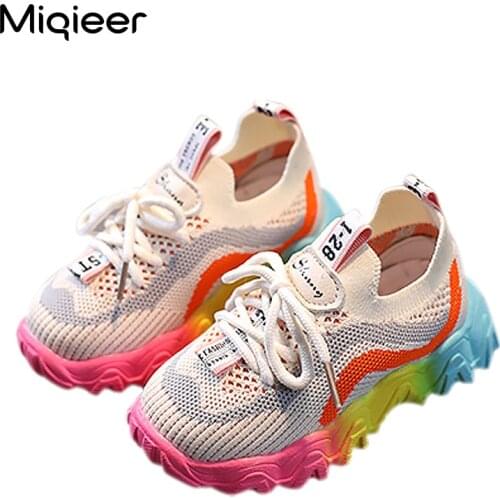 Spring Children Casual Shoes Girls Breathable Knit Lace Up Sneakers Baby Boys Thicken Rainbow Soles Soft Non Slip Sports Shoes