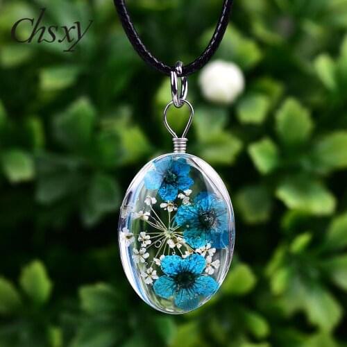 CHSXY Natural Real Dried Flowers Necklace Cute Forever Flower Plant Specimen Oval Glass Ball Pendant Rope Chain Choker Necklace