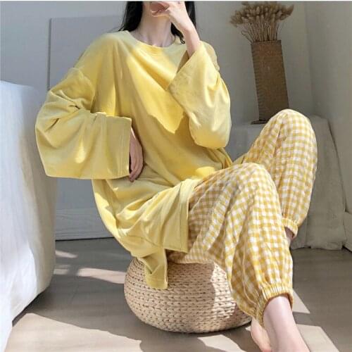 Two-piece pajamas autumn winter new womens Korean solid color top + plaid pants casual home service underwear pijamas sleepwear