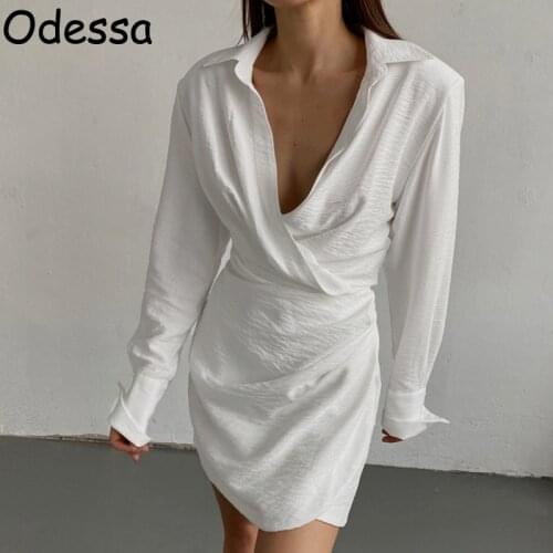 Odessa 2021 Autumn Sexy Shirt Dress Long Sleeve Draped Knot Deep V Neck Mini Fashion Pure White Lapel Party Vestidos for Womens