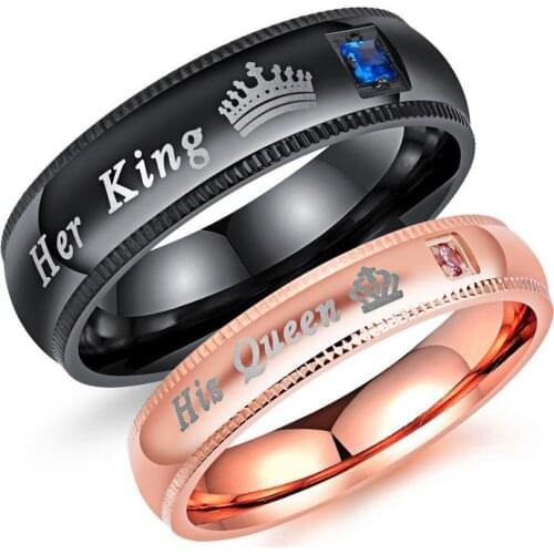 Simple Couple Rings Her King & His Queen Crown Charm Letter Zircon Ring For Women Men Exclusive Couple Wedding Ring Lover Gift