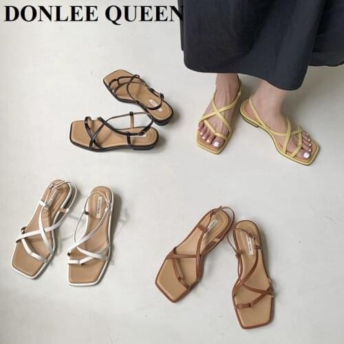 2021 New Summer Sandals Women Low Heel Square Toe Narrow Band Sandal Casual Slipper Beach Shoes Vintage Open Toe Sandalias Mujer