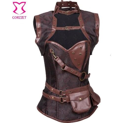 Sexy Brown Steel Boned Leather Jacket Pouch Women Steampunk Gothic Belt Corset Gothic Burlesque Clothes Outfits Plus Size 6XL