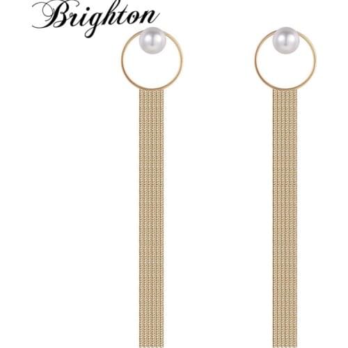 Brighton Retro Long Tassel Circle Drop Dangle Earrings For Women Party Round Alloy Simulated Pearl Brincos Fashion Jewelry Gift