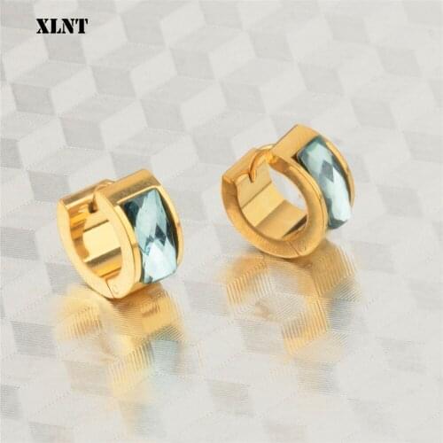 XLNT Blue Color Luxury Female Zirconia Hoop Earrings Gold color CZ Crystal Round Earrings For Women Jewelry Wholesale