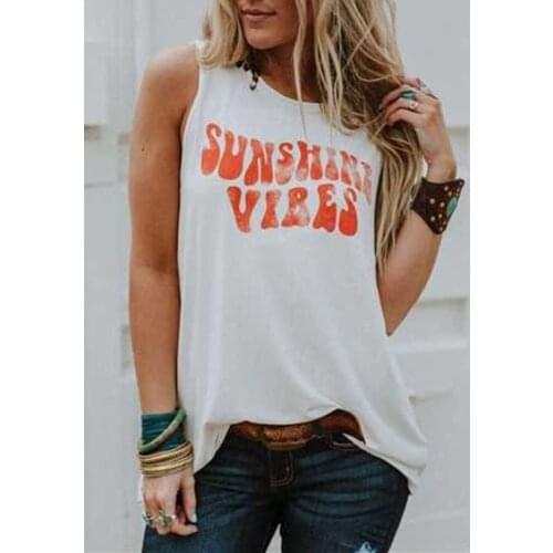 Female T Shirt Sunshine Vibes Letter Print O-Neck Tank Casual Lady Tank Tops Women Tank Top Summer Sleeveless