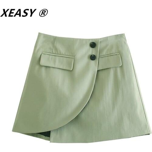 XEASY Women Vintage Solid Color Button Up Hem Irregular Wrap Skirt Faldas Mujer Female Back Zipper Casual Slim Vestidos