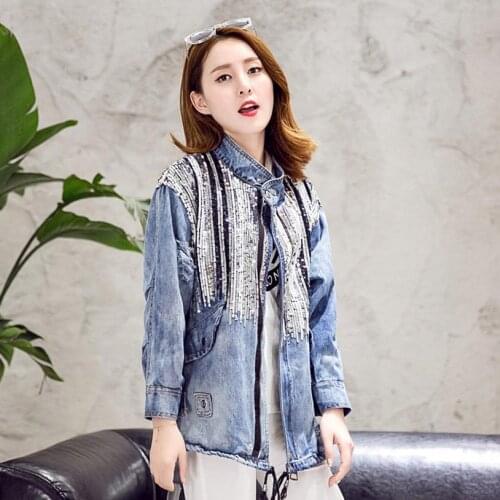 Spring Autumn Women s Long Sleeve Stand Collar Loose Bling Sequins Jeans Jackets Coat Stitching Paillette Hole Washed Denim Tops