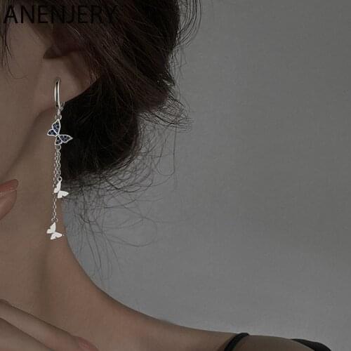 ANENJERY 925 Sterling Silver Butterfly Tassel Long Earring Micro-inlaid Blue Zircon Hoop Earrings For Women Jewelry Whole
