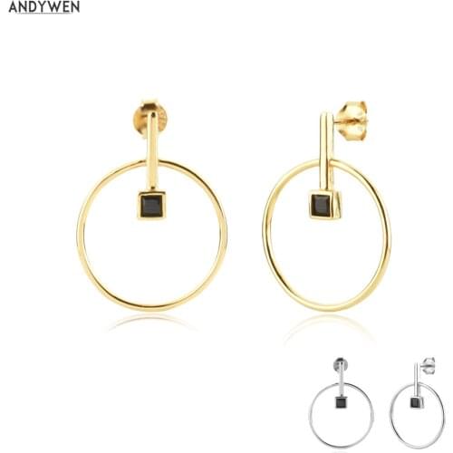 ANDYWEN 925 Sterling Silver Black Zircon Big Circle Stud Earring Women Luxury Jewelry Clips For Women Rock Punk Jewelry Piercing