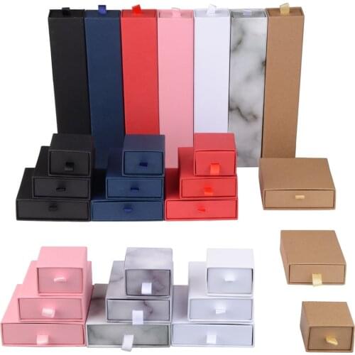 10pcs/Lot Cardboard Sliding Drawer Storage Ring Necklace Jewelry Gift Packaging Box With Ribbon Rope Black Kraft Cotton Filled