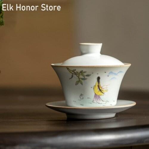 160ml Japanese Style Ru Kiln Cover Bowl Single Zen Handmade Ceramic Kungfu Tea Set Tea Bowl Sancai Cover Bowl Household