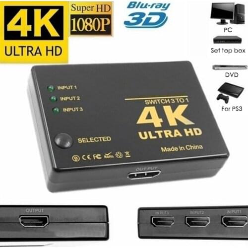 4K 1080p 3D HDMI-compatible Switch Selector 3 Input 1 Output Port Hub Switcher For HDTV DVD PS3 Xbox High-definition Video