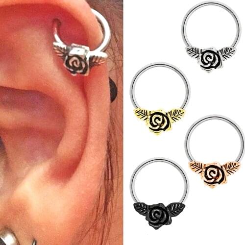 BOG-1PC steel&Gold&Rose Gold&Black Rose Flower Captive Bead Ring Rose Flower Nose Septum Clicker Ear Tragus Cartilage Earring