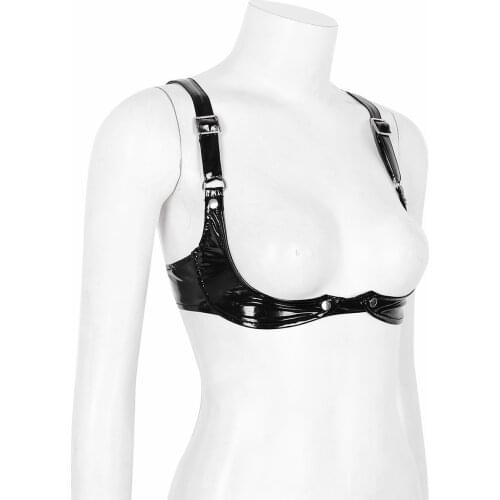 Womens Evening Party Pole Clubwear Sexy Open Bras Adjustable Spaghetti Straps Bra Lingerie Wetlook Faux Leather Open Cup Bra Top
