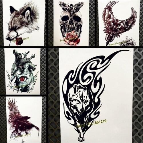 Black Fire Wild Wolf Temporary Tattoo For Men Women Arm Chest Tatoo Waterproof Water Transfer Body Art Fake Totem Tattoo Sticker