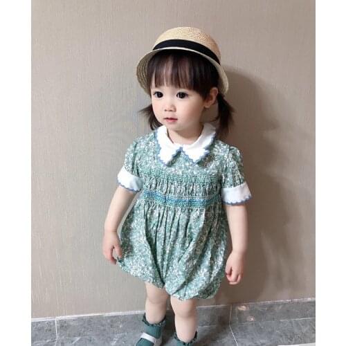 2021 Kids romper smocking green floral pattern summer cotton embroidered kids jumpsuits