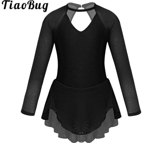 Kids Sheer Long Sleeve Tulle Splice Figure Skating Dress Girls Ballet Gymnastics Leotard Child Stage Performance Dancing Costume