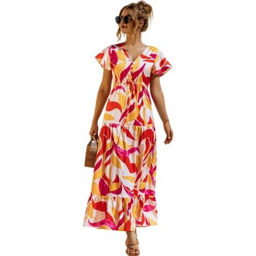 Elegant Women Bohemian Long Dresses Floral Print Short Sleeve V-neck Vintage Beach Dress Bandage Plus Size Femme Boho Sundress