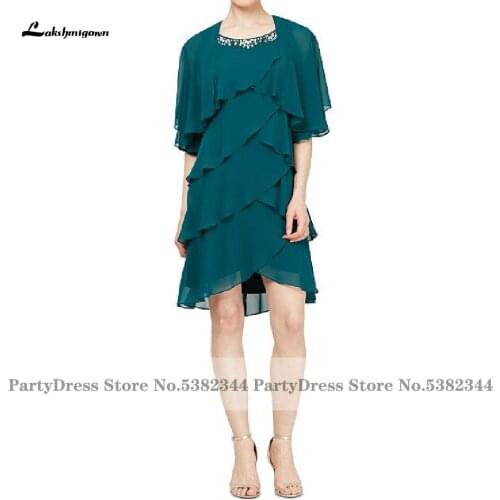 Elegant Short Mother Of The Bride/Groom Dress for Weddings Half Sleeves Jacket Chic Ruffles Turquoise Evening Party Dress 2020