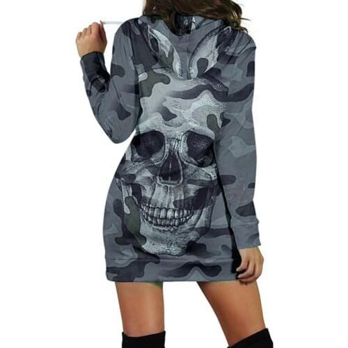 Camouflag Skull Print Mini Dress Women Hoodies Sweatshirt Oversize Long Sleeve Pullover Hooded Streetwear Sweatshirt платье 4