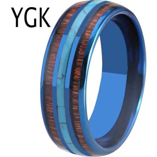 Classic Mens Wedding Rings 8mm Blue Tungsten Carbide Ring Koa Wood With Turquoise inlay Rings fashion jewelry Rings for Women