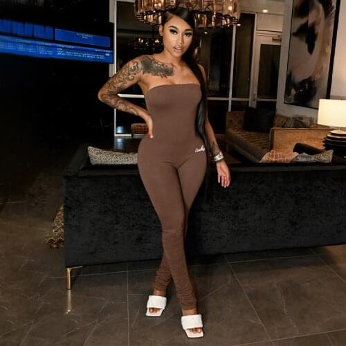 Summer Women Strapless Sleeveless Soild Color Letter Fashion Overall Jumpsuit Female Clothing Streetwear