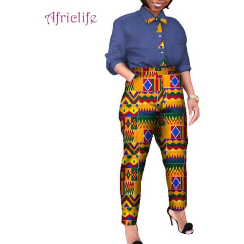 Spring Fall African Shirt Woman Pant Sets Wax Print Cotton Clothes WY8335