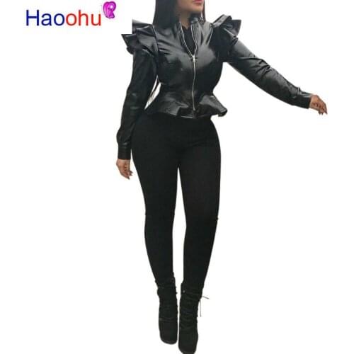 HAOOHU Pu Faux Leather Jacket Women Fall Winter Clothes Plus Size Coat Top Ladies Oversized Long Sleeve Sexy Cropped Jackets