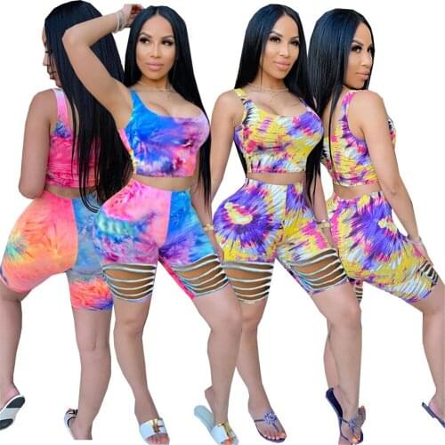 Summer Womens Outfits Casual Tie-dye Print Burnt Sexy Strapless Tops Straight Leg Pants Two Piece Set Wholesale Dropshipping