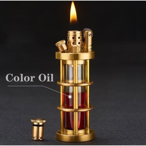 Copper kerosene lighter retro large glass transparent oil bunker windproof grinding wheel vintage lighter personality collection
