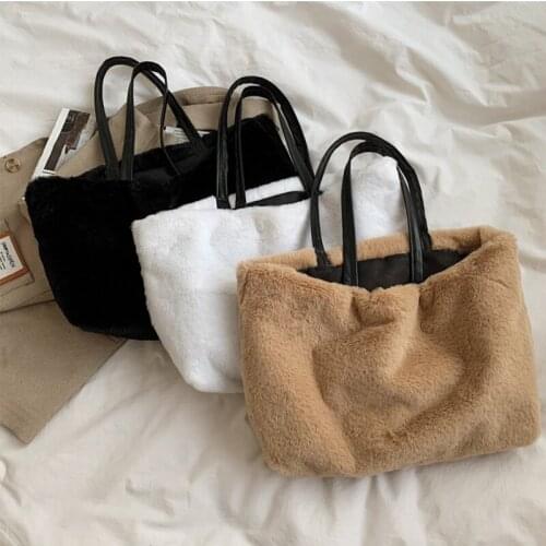 Fashion High Capacity Women Tote Bag 2021 New Style Autumn Winter Plush Warm Shoulder Bag for Woman Solid Color Female Handbag