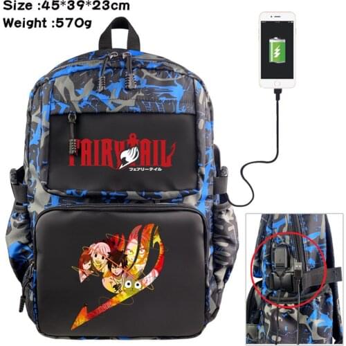 Anime Fairy Tail Nylon Backpack Student Cartoon Casual Schoolbag USB Teenger Travel Laptop Bag Zipper Bookbag Knapsack