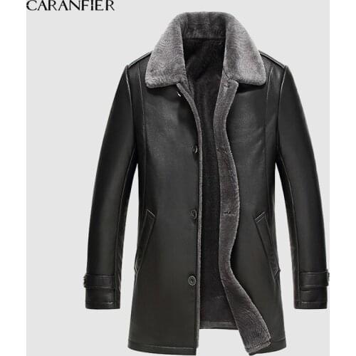 CARANFIER 2019 New Mens Leather Jacket Wool Interior Genuine Sheepskin Wool Collar Brand Middle Long Male Coat DHL Free Shipping