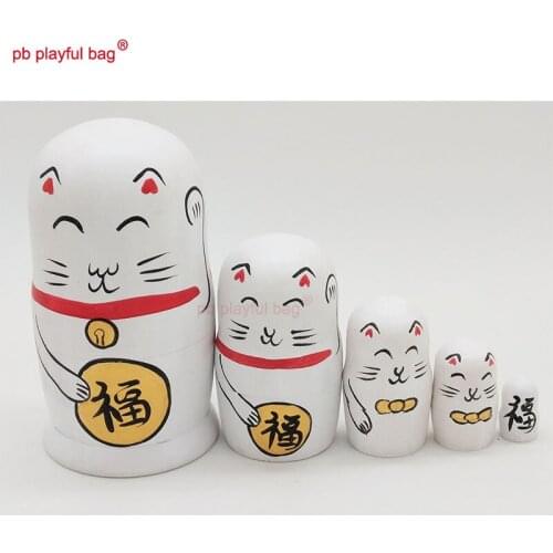 PB Playful bag fun cute Five layer Fortune Cat Russian dolls handmade wooden childrens toy set Valentines Day gift HG36
