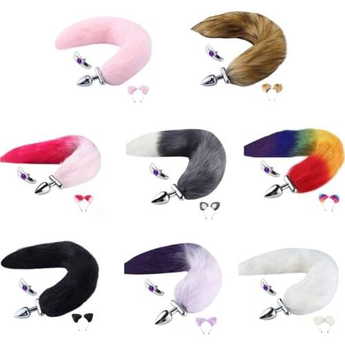 Sex shop Anal toys Butt Plug Artificial Hair Plush Hairpin Ears Headband Headdress Fox Tail Chrome Metal Plug