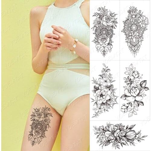 Sexy Black Mandala Flower Temporary Tattoos For Women Girls Henna Tatoos Paper Fake Jewelry String Snake Flower Tattoo For Party