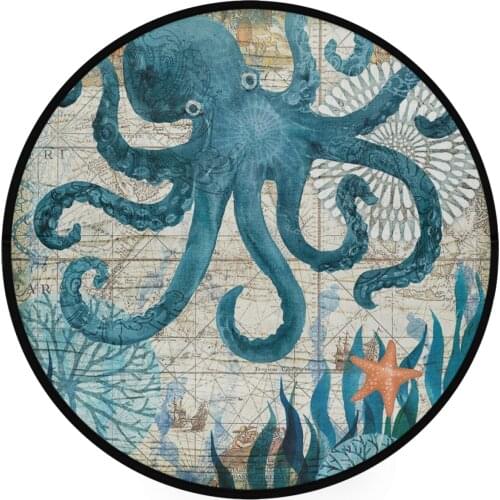 Vintage Nautical Blue Octopus Doormat Ocean Starfish Old Map Print Round Floor Mat Non Slip Carpet Yoga Mat Rug for Entryway