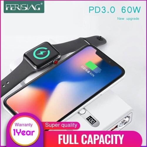 FERISING Wireless PD3.0 60W Fast Charger Power Bank 20000mAh for Apple Watch 5/4/3/2 iPhoneX External Battery for iWatch Macbook