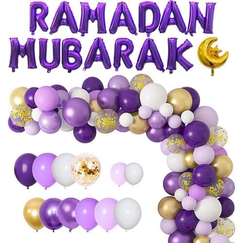 Ramadan Mubarak Purple Foil Letter Moon Balloons + 129PCS Party Balloon Garland Arch Kit for Muslim Eid Party Decor