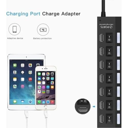 High Speed 7 Ports Hub LED USB 2.0 Adapter Hub Multi-Port Socket Powered ON/OFF Switch Charger Splitter 4 Ports For PC Laptop