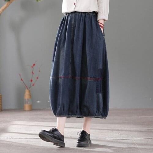 2021 spring summer new womens literary style retro patchwork handmade stitching a-line skirt loose denim skirt ladies s227