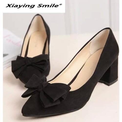 Xiaying Smile New bow midheel pointy suede fashion single shoe work women shoes